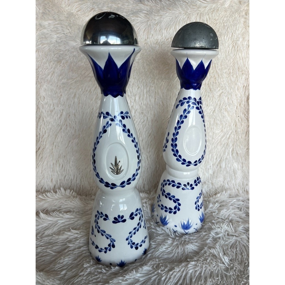 Clase Azul Empty Tequila Bottles Set Hand Painted Ceramic Blue White Decor Bar